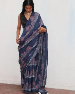 Blue Handblockprinted Cotton Saree - Fmtm
