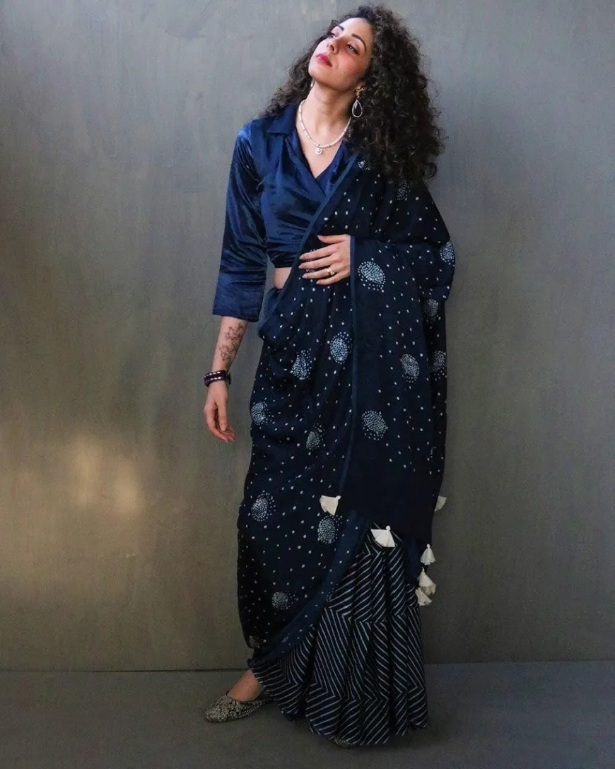 Blue Luna Block Printed Modal Silk Saree