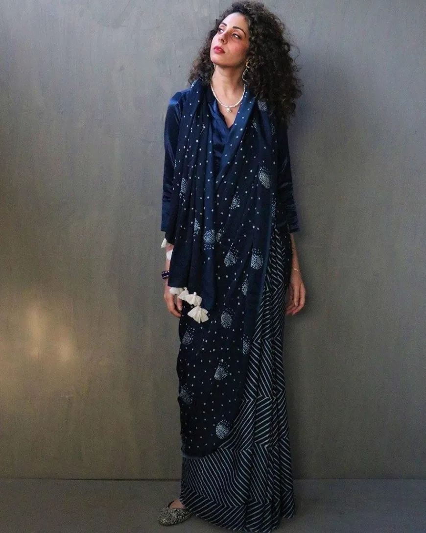 Blue Luna Block Printed Modal Silk Saree