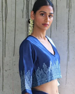 Blue Mashru Silk Blockprinted Blouse-Manjari