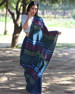 Blue Striated Blockprinted Cotton Mul Saree