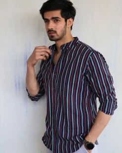 Blue Stripe Block-Printed Men'S Shirt