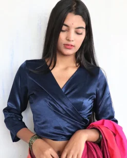 Blue Tie-Up Mashru Silk Blouse-Sahar