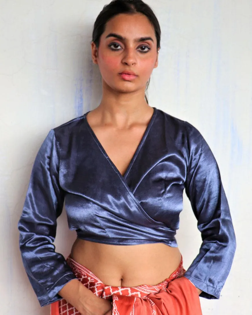Bluish Grey Tie-Up Mashru Silk Blouse-Sahar