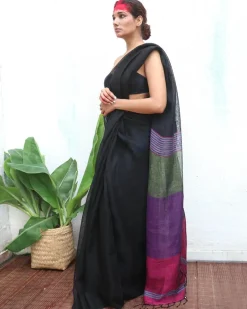 Brahmi Handwoven Linen Saree - Kaali
