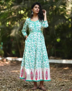 Chamomile’s Calm Teal Green Block Printed Cotton Dress - MMG