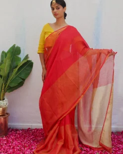 Chandni Red Handwoven Linen Zari Saree - Eknoor