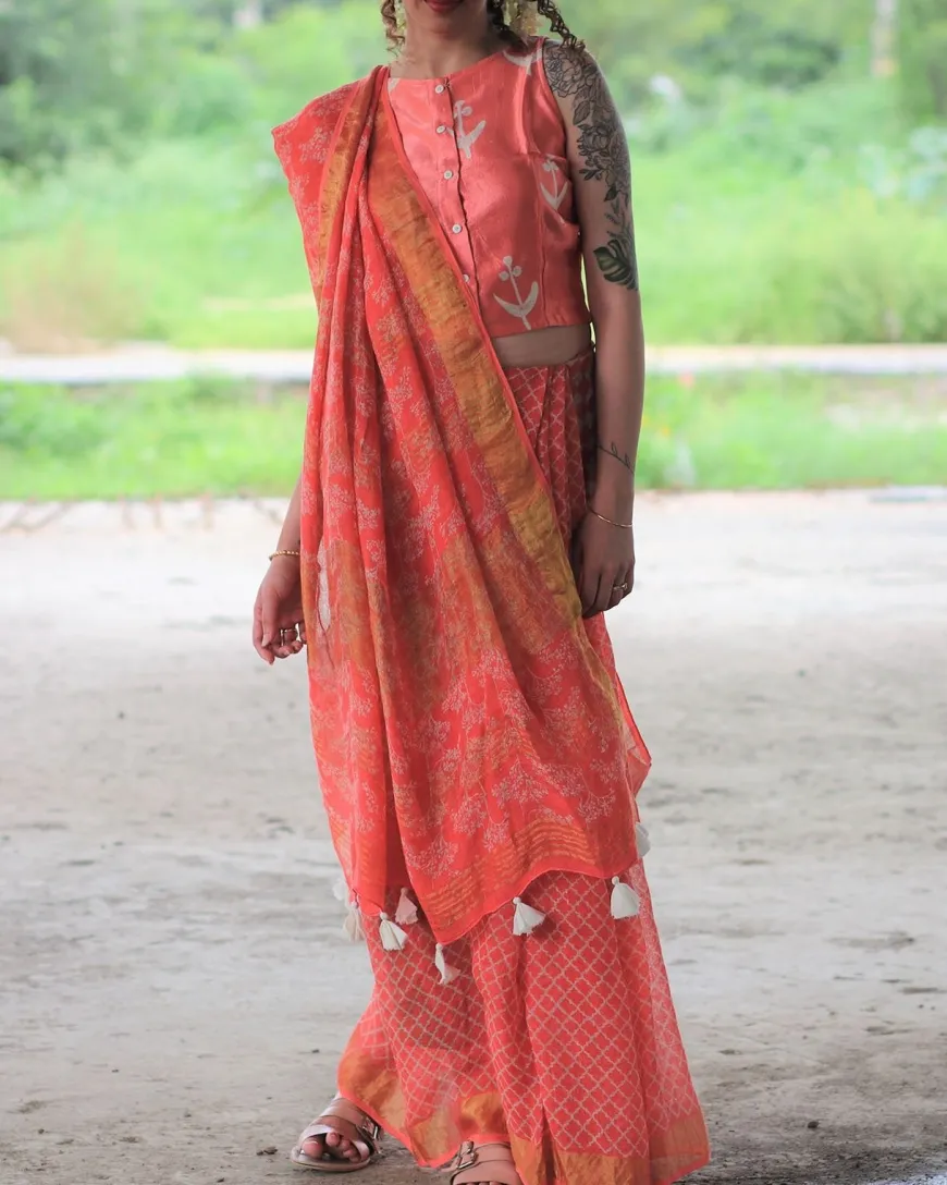 Coral Block Printed Saree Pure Handwoven Linen