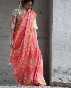 Coral Block Printed Saree Pure Handwoven Linen
