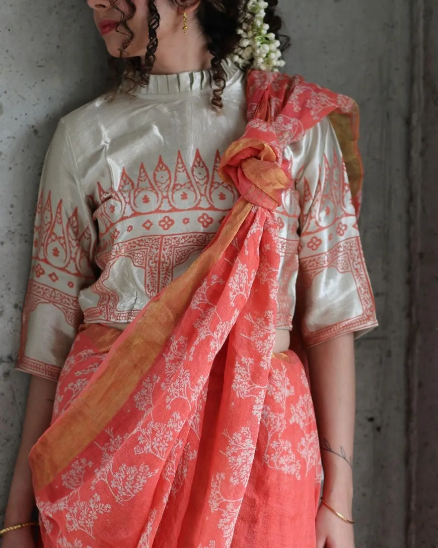 Coral Ivory Back Crop Top Blouse With Frill Neck In Mashru Silk