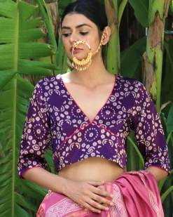 Cosmos Aubergine Blockprinted Mashru Silk Blouse-Chand Se
