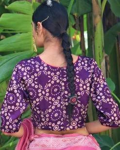 Cosmos Aubergine Blockprinted Mashru Silk Blouse-Chand Se