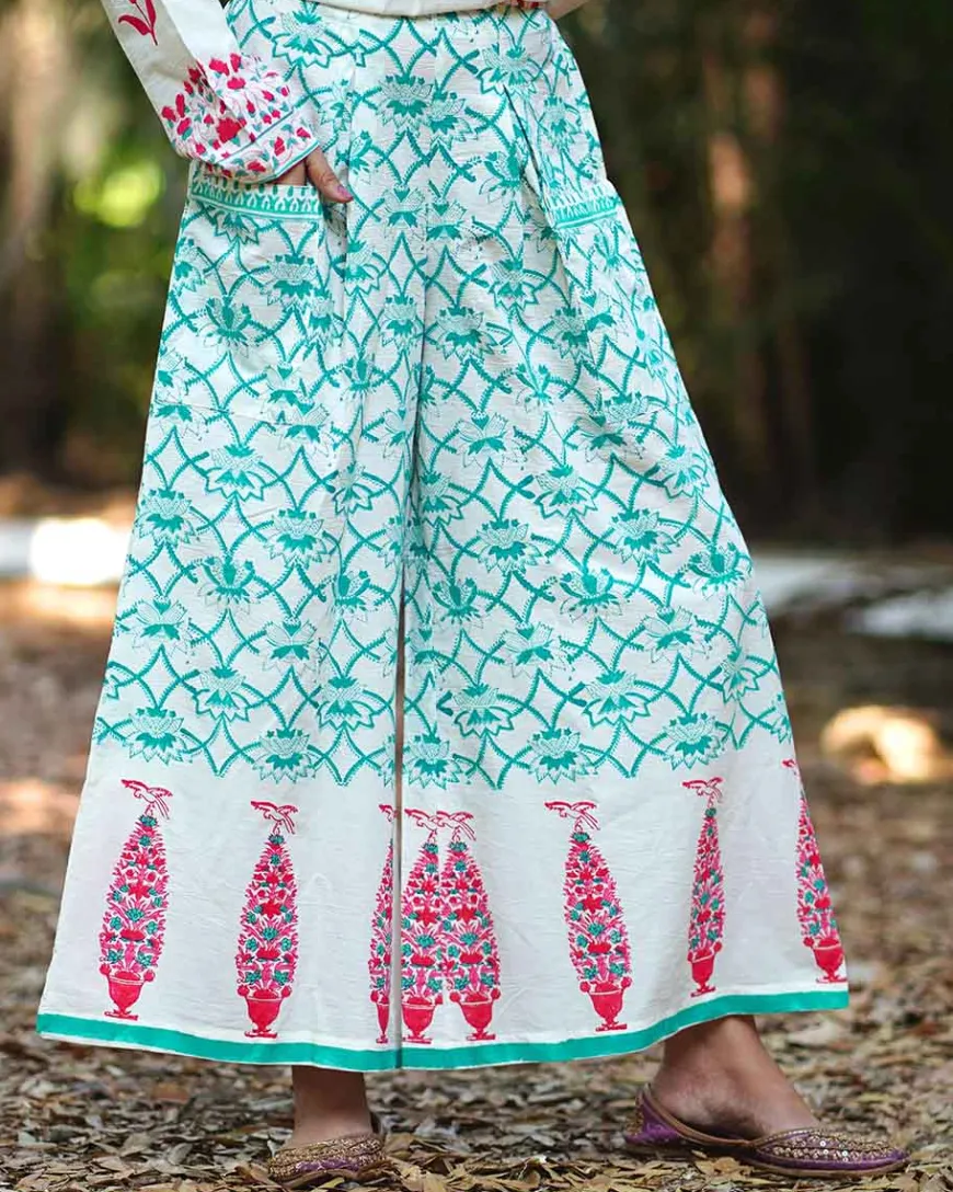 Cosmos’ Call Teal Green Block Printed Pants - MMG