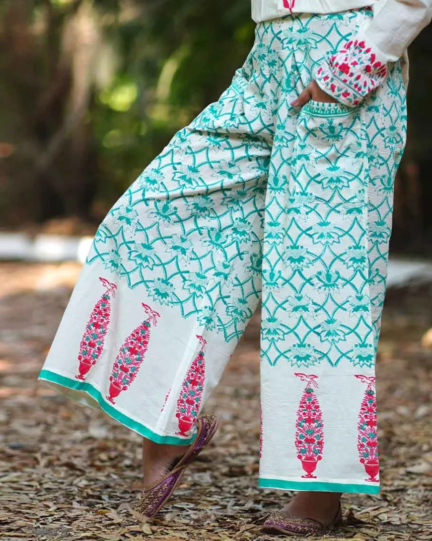 Cosmos’ Call Teal Green Block Printed Pants - MMG