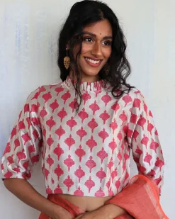 Cream Pink Blockprinted Mashru Silk Blouse