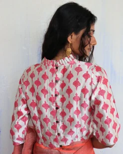 Cream Pink Blockprinted Mashru Silk Blouse