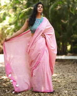Delicate Daisies Blush Pink Hand Block Printed Saree - MMG