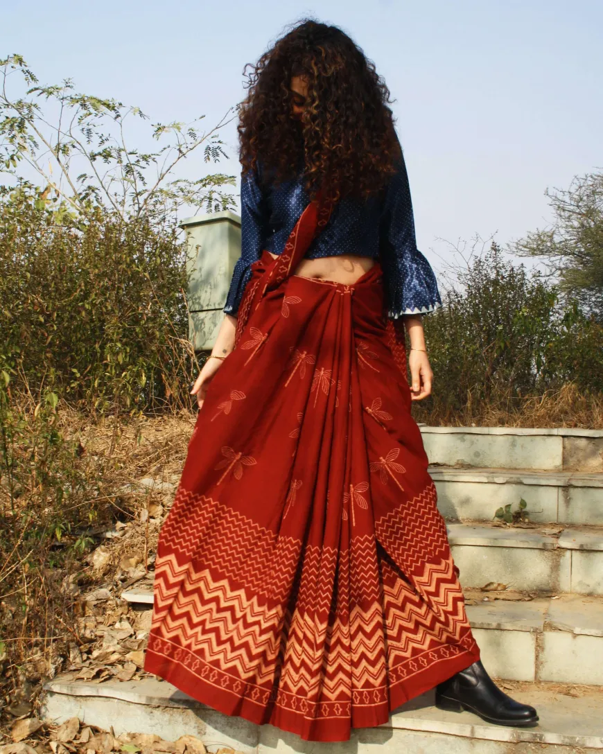 Dragonfly Charm Handblockprinted Cotton Saree