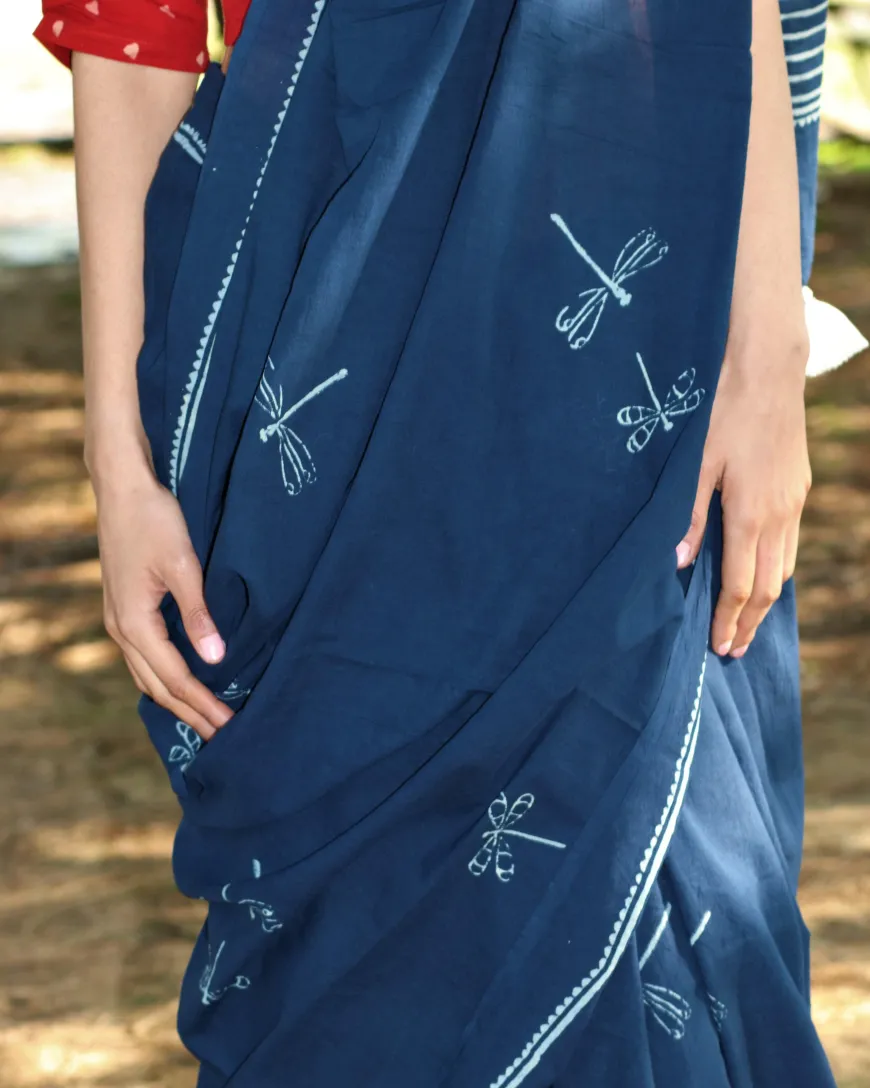 Dragonfly Flight Hand Blockprinted Cotton Saree