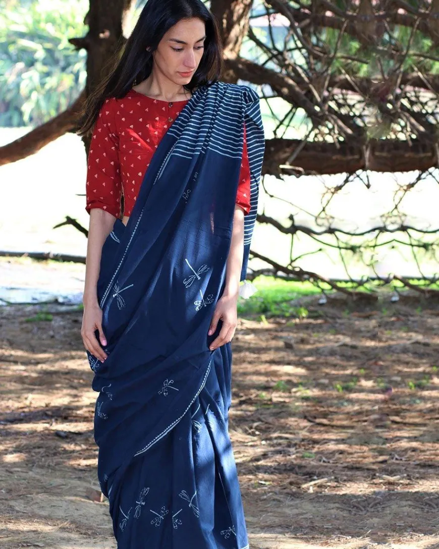 Dragonfly Flight Hand Blockprinted Cotton Saree
