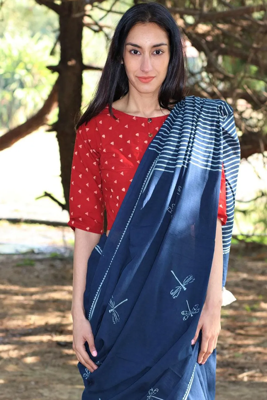Dragonfly Flight Hand Blockprinted Cotton Saree