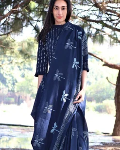 Dragonfly Meadow Hand Blockprinted Cotton Saree