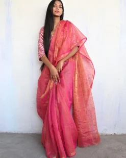 Eliana Handwoven Linen Saree-Melting Moon