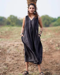 Floating Poems Blockprinted Cotton Dress-WWB