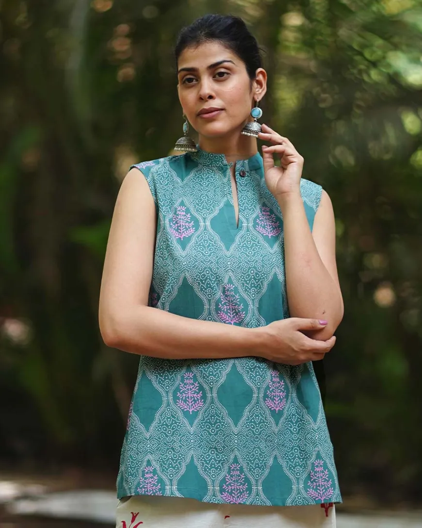 Frangipani’s Freshness Teal Green Block Printed Top - MMG