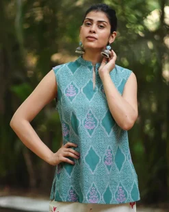 Frangipani’s Freshness Teal Green Block Printed Top - MMG