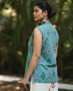 Frangipani’s Freshness Teal Green Block Printed Top - MMG