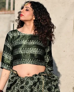 Green Line Crop Top Blouse In Mashru Silk