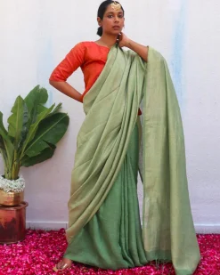 Ishya Green Handwoven Linen Zari Saree - Eknoor