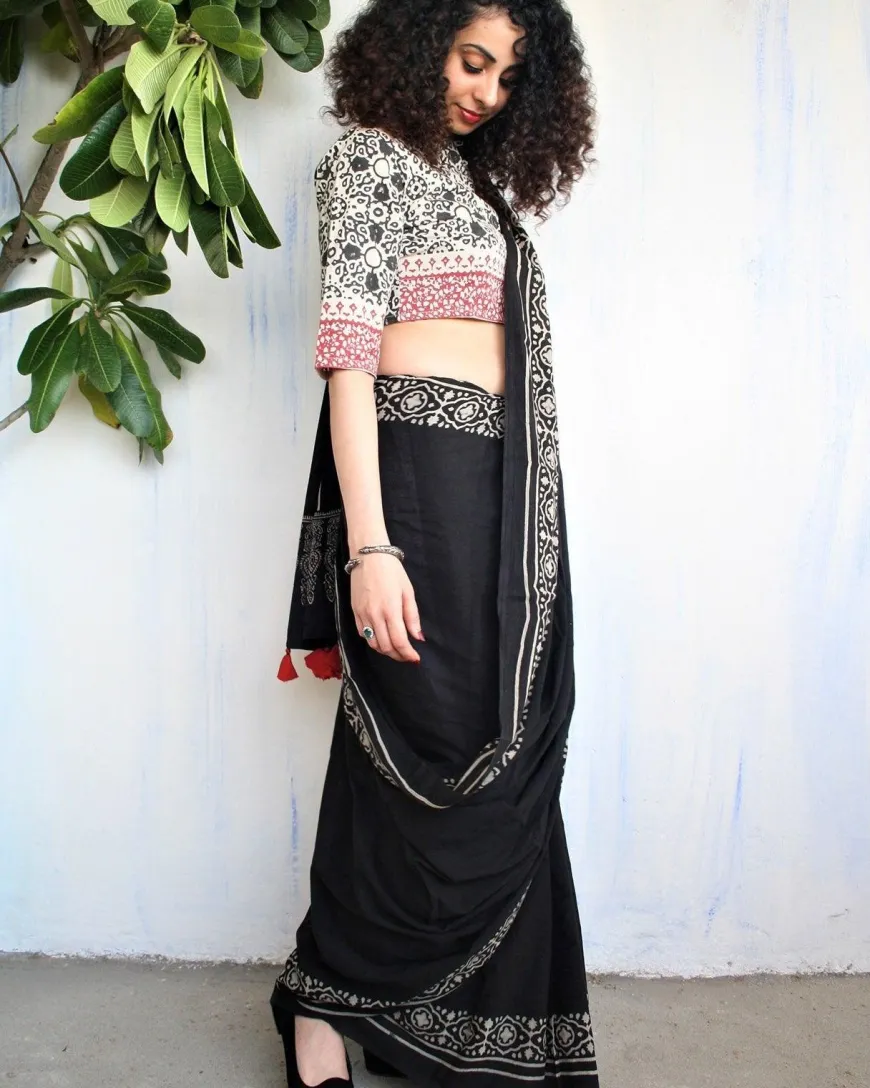 Ivory Black Block Printed Cotton Mul Saree