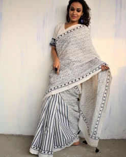 Ivory Blue Block Printed Cotton Mul Saree