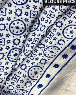 Ivory Blue Block Printed Cotton Mul Saree