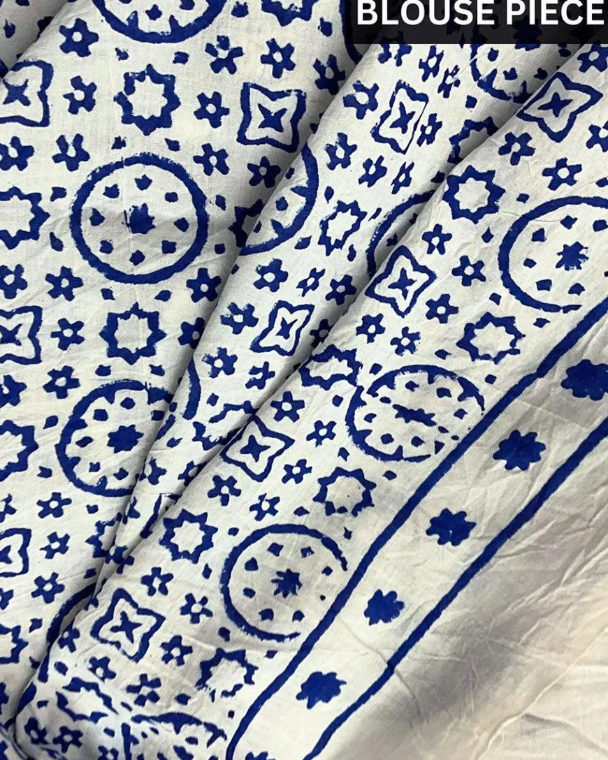 Ivory Blue Block Printed Cotton Mul Saree