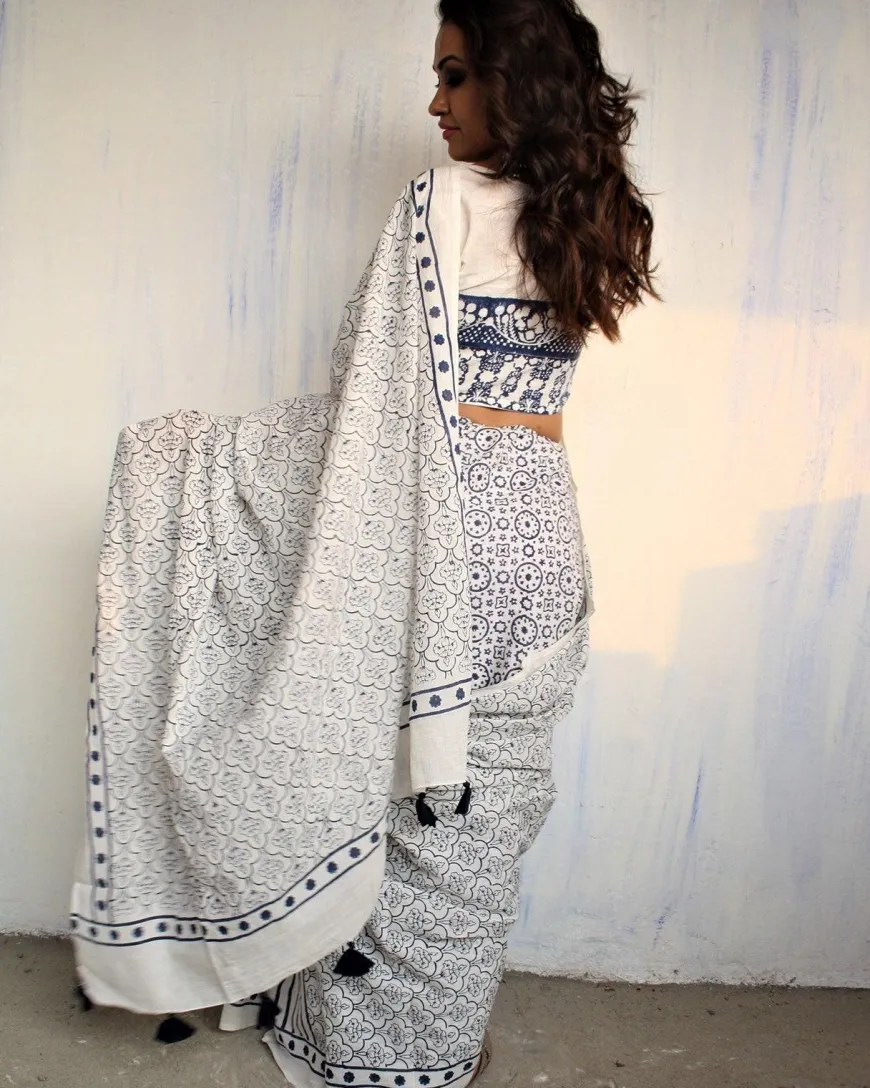 Ivory Blue Block Printed Cotton Mul Saree