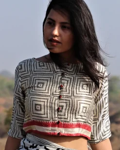 Ivory Checked Mashru Silk Blouse