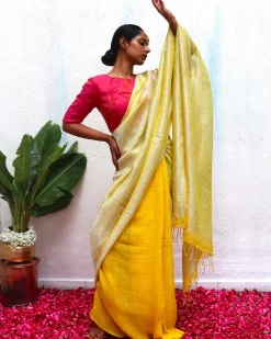 Jasnoor Yellow Handwoven Linen Zari Saree - Eknoor
