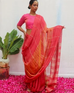 Jyotsna Maroon Handwoven Linen Zari Saree - Eknoor