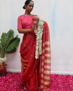 Jyotsna Maroon Handwoven Linen Zari Saree - Eknoor
