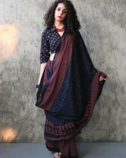 Kashton Hand Blockprinted Cotton Saree- Kohl