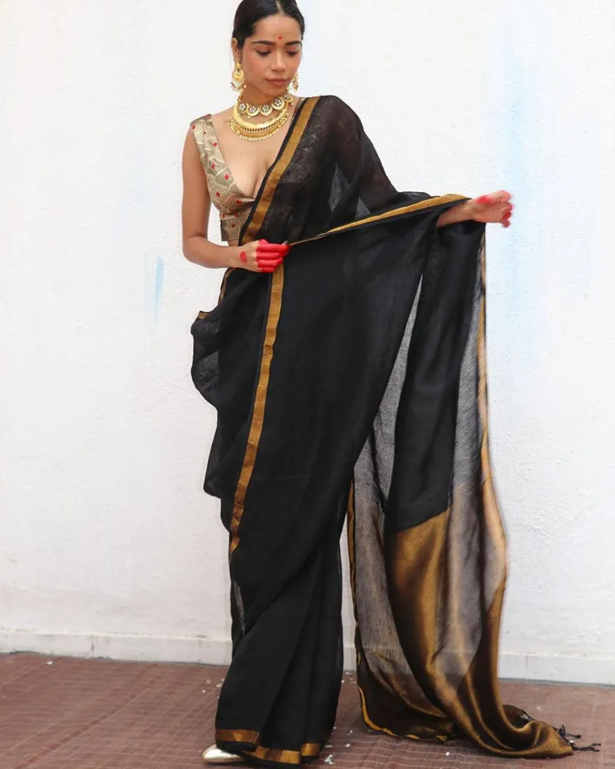 Labanya Handwoven Linen Zari Saree