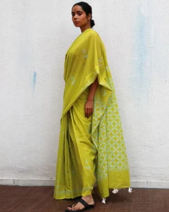 Lady Marmalade Green Handblock Printed Cotton Saree