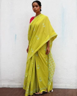 Lady Marmalade Green Handblock Printed Cotton Saree