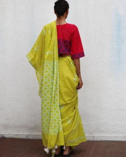 Lady Marmalade Green Handblock Printed Cotton Saree