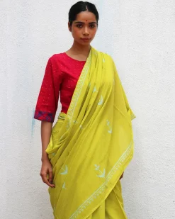 Lady Marmalade Green Handblock Printed Cotton Saree
