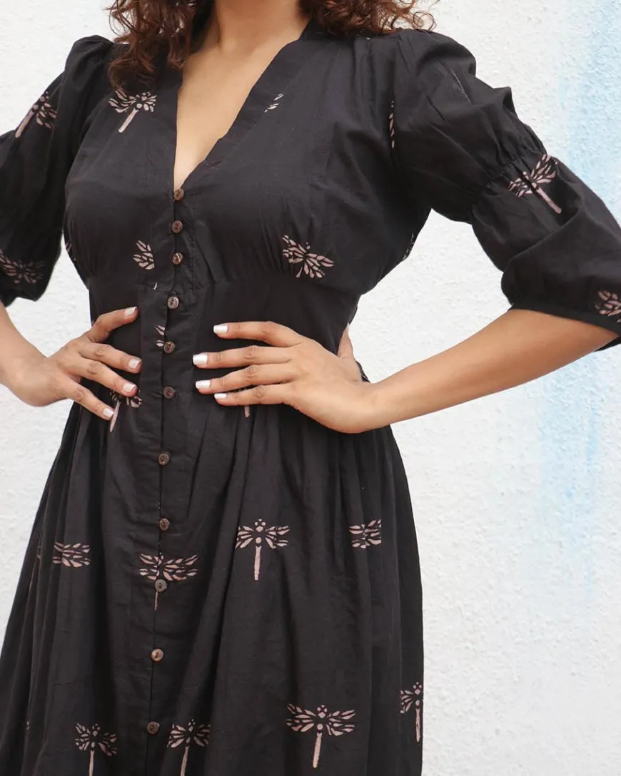 Laid Black Hand block Printed Cotton Dress - Mono
