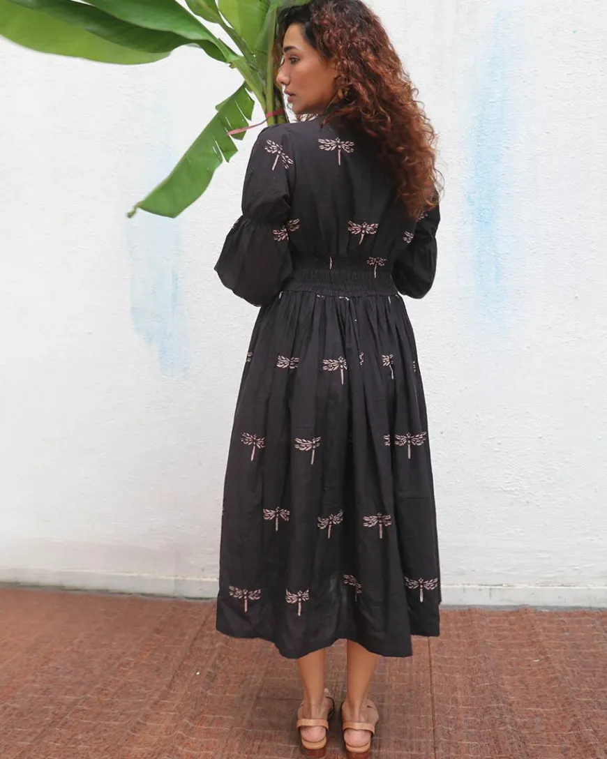 Laid Black Hand block Printed Cotton Dress - Mono